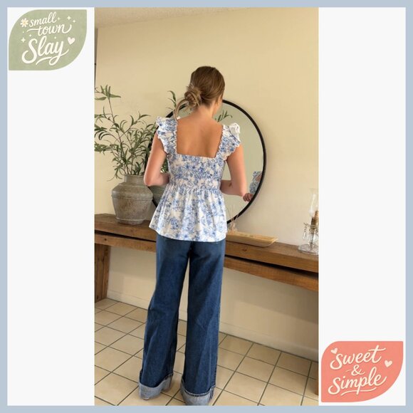 Ruffle Sleeve Smocked Tank Top, Square Neck Babydoll Shirt, Polyester Blend - Picture 7 of 7